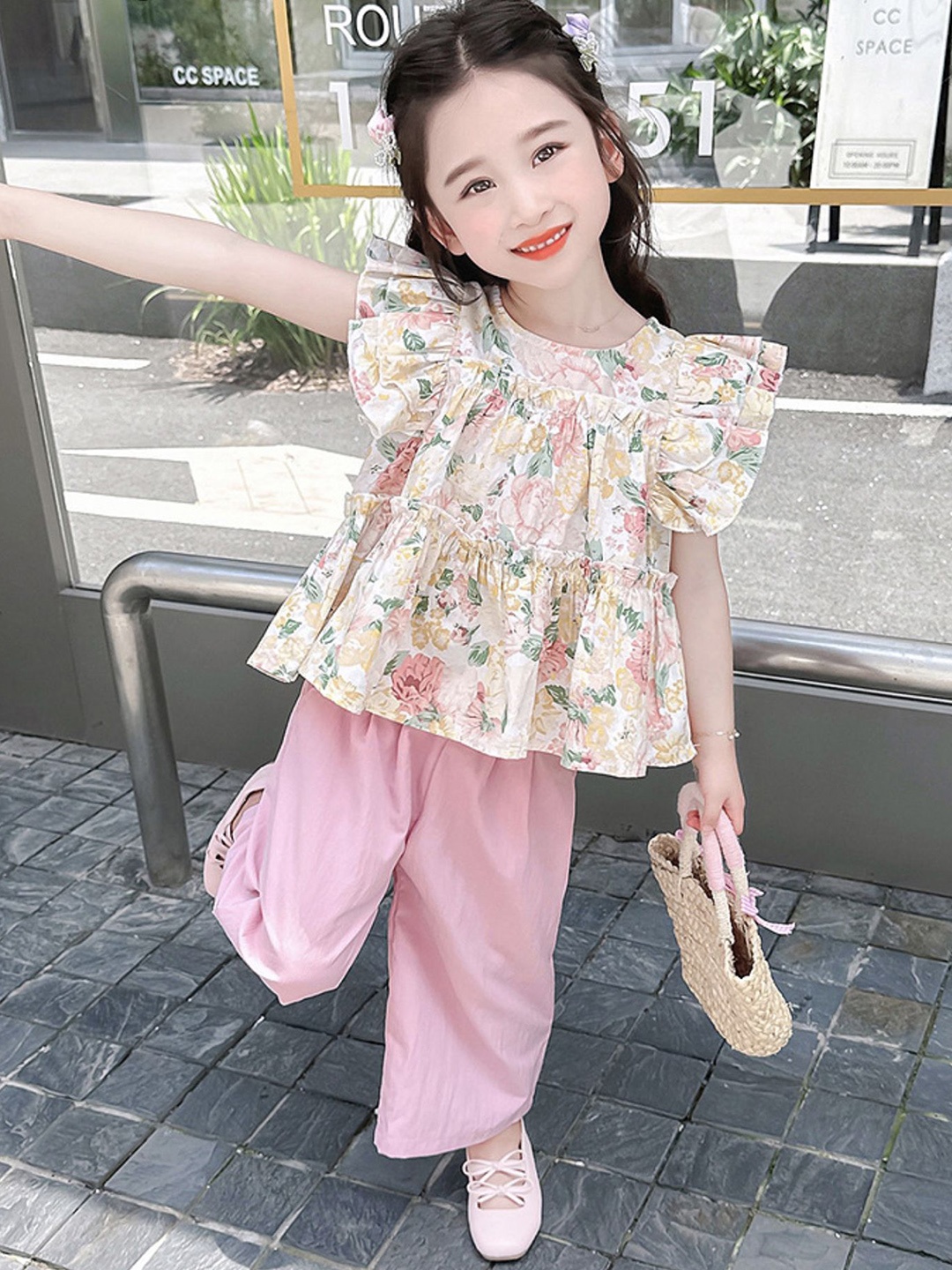 

LULU & SKY Girls Floral Printed Round Neck Top With Palazzos, White