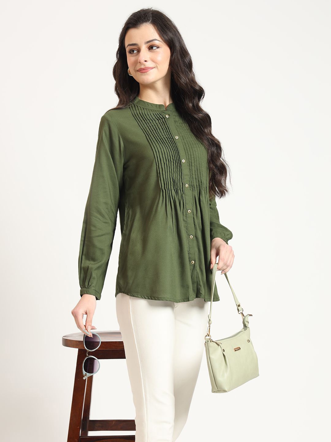 

Divena Mandarin Collar Top, Olive