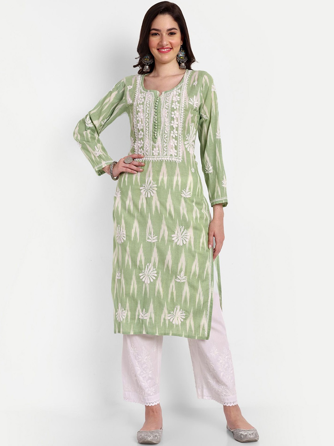 

Indiankala4u Geometric Printed Chikankari Notch Neck Pure Cotton Straight Kurta, Green