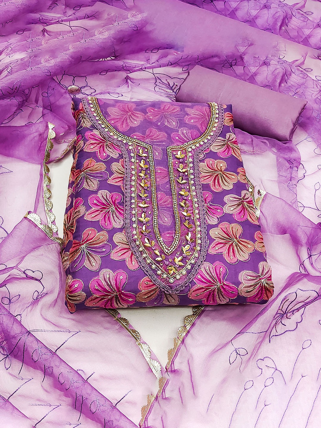 

SAINOOR Floral Printed Beads And Stones Embellished Pure Silk Semi-Stitched Dress Material, Purple