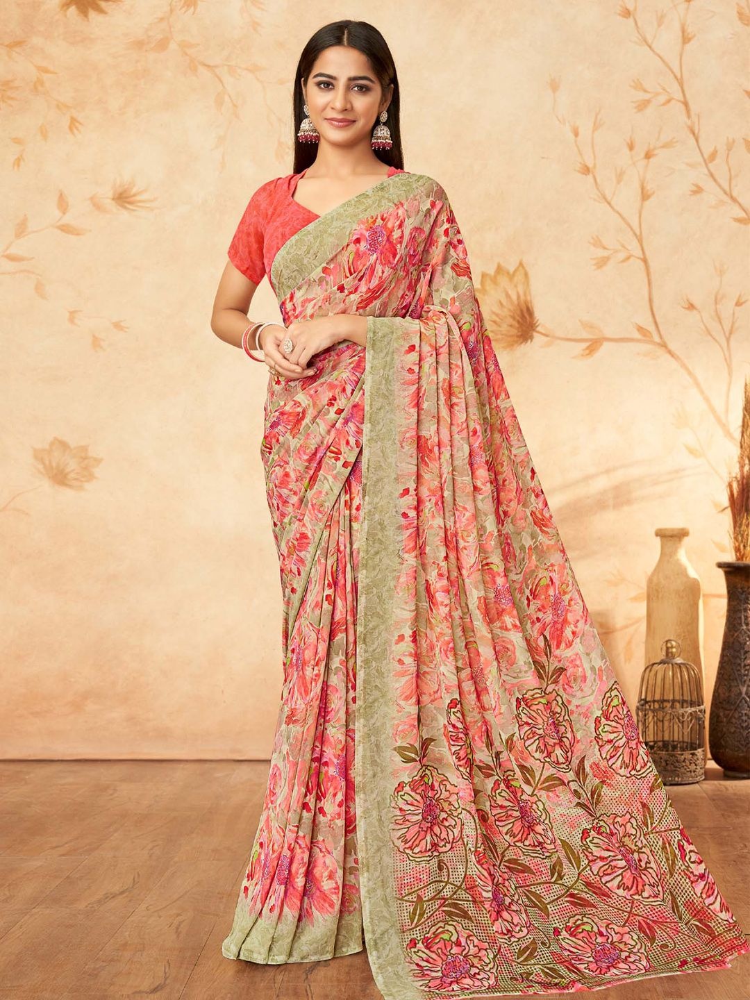 

Anouk Rustic Floral Poly Georgette Sungudi Saree, Pink