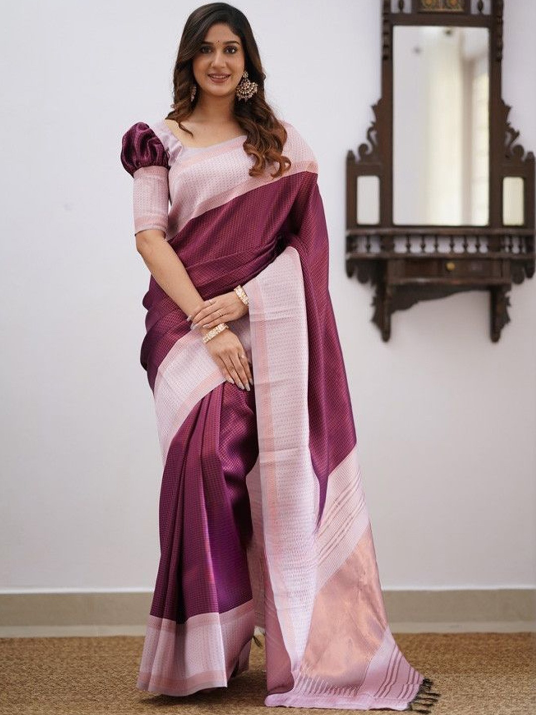 

LADY SHOPI Woven Design Zari Pure Silk Banarasi Saree, Burgundy