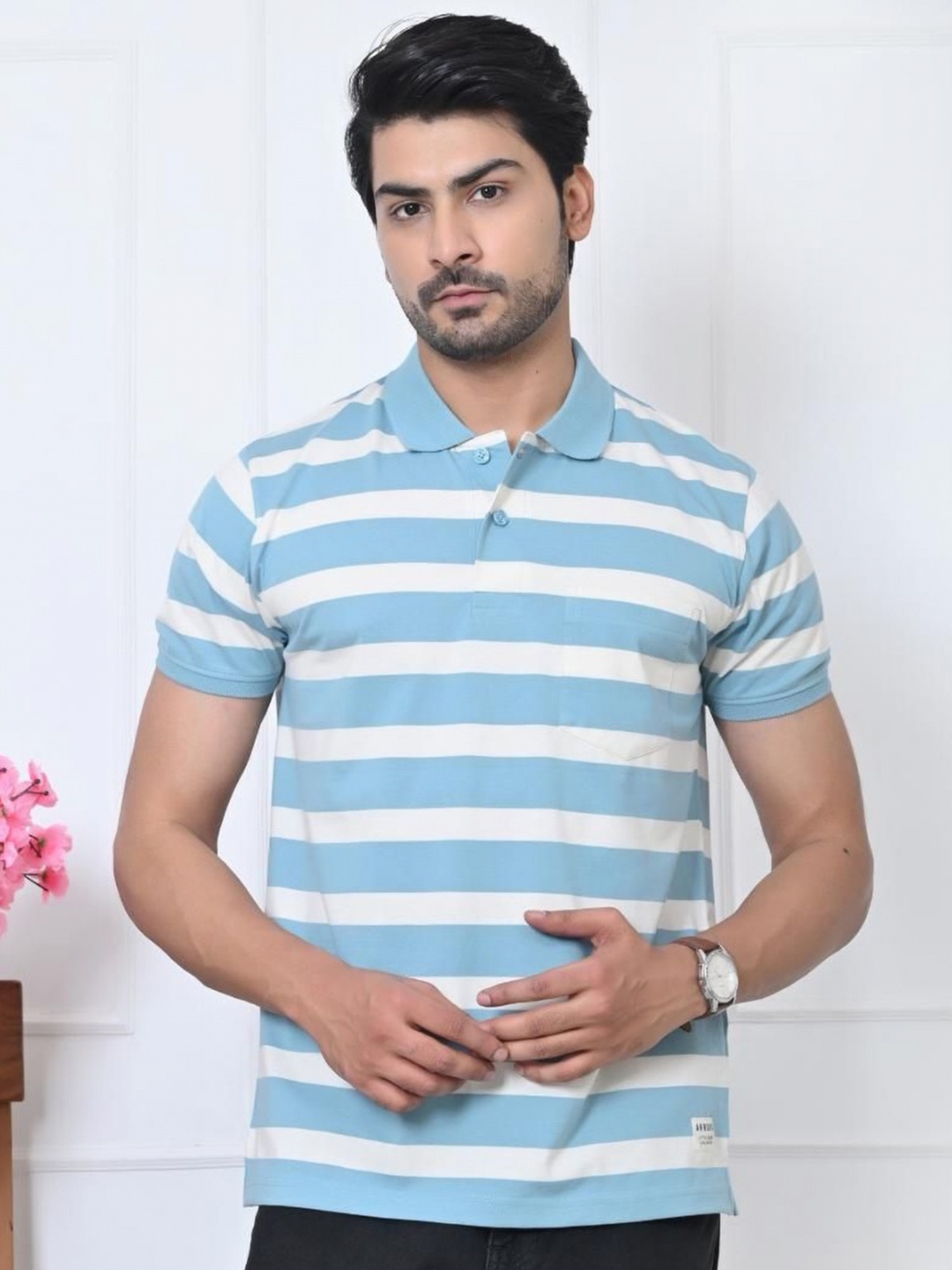 

ARBOUR Men Striped Polo Collar Cotton Slim Fit T-shirt, Blue