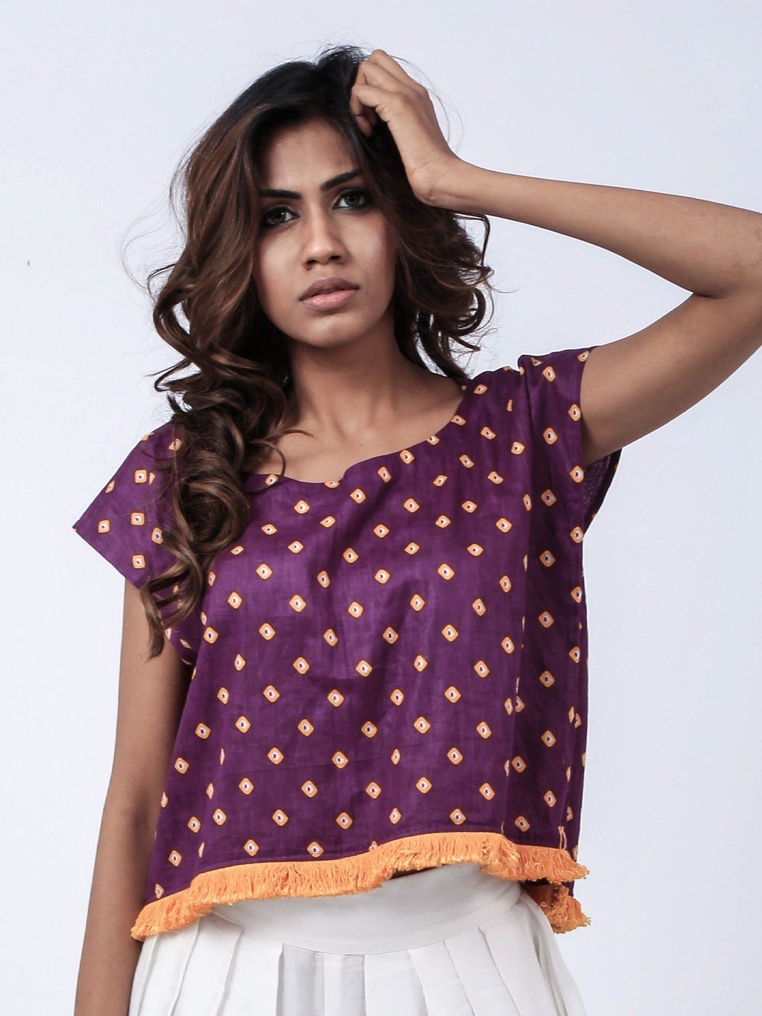 

Aapro Polka Dot Print Flutter Sleeve Cotton Boxy Crop Top, Purple