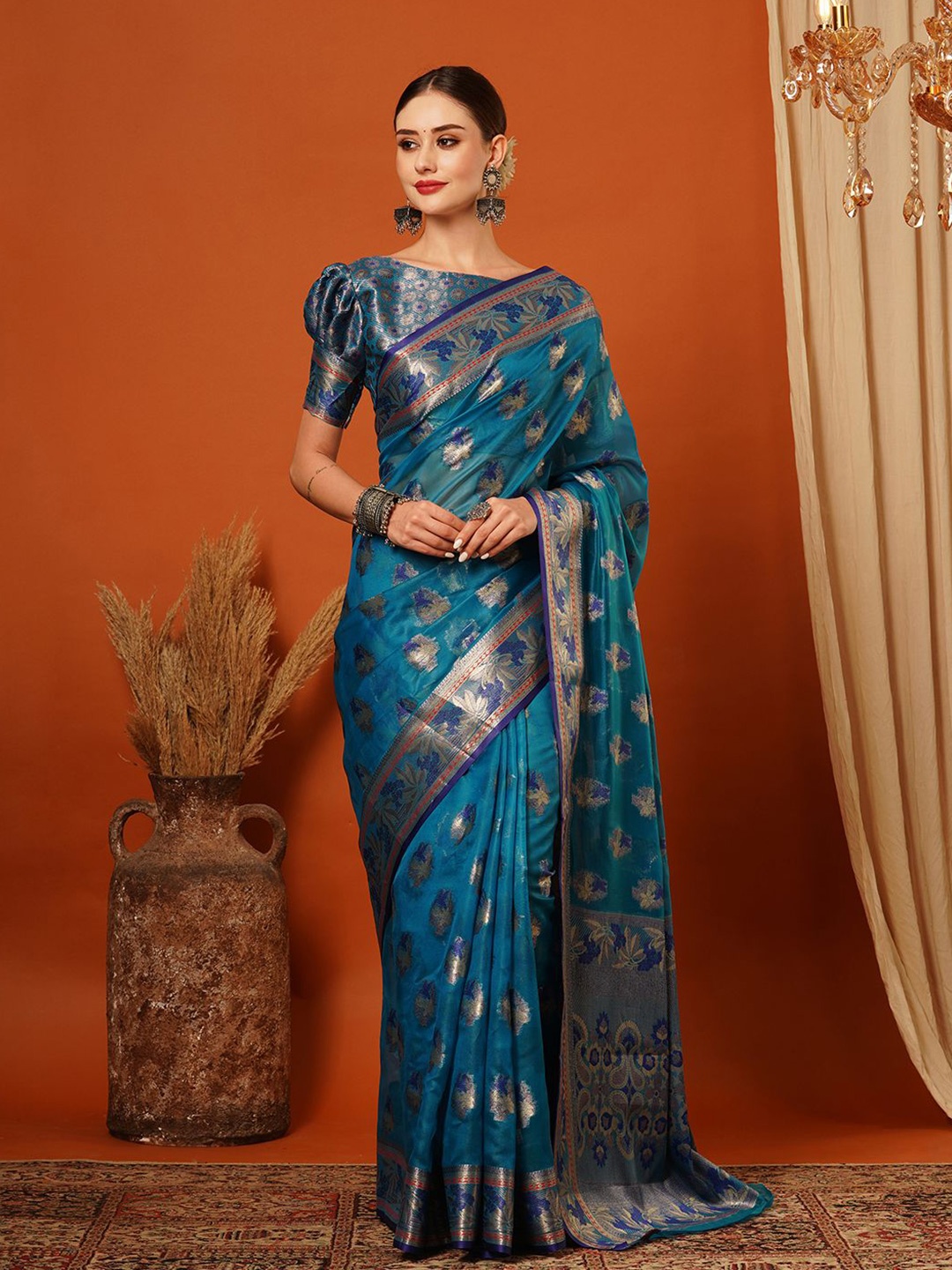 

SILKWEAR Ethnic Motifs Zari Organza Banarasi Saree, Teal