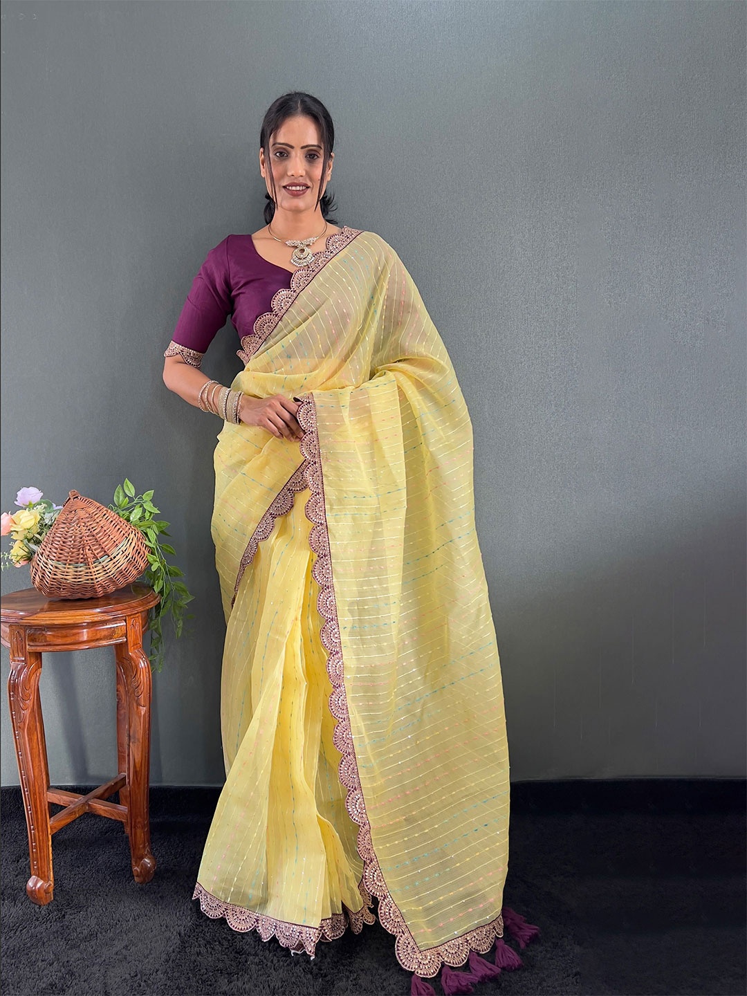 

Anouk Striped Sequinned Saree, Yellow