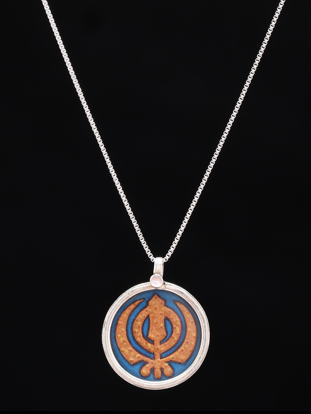 

Exotic India Hand-Painted Sikh Khanda Round Shape Pendant in Sterling Silver