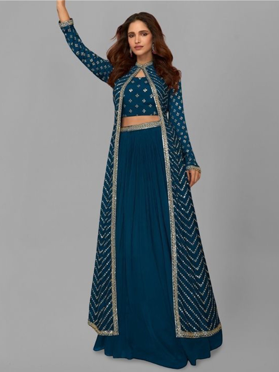 

PARROT CREATION Floral Printed Top With Shrug And Skirt, Blue