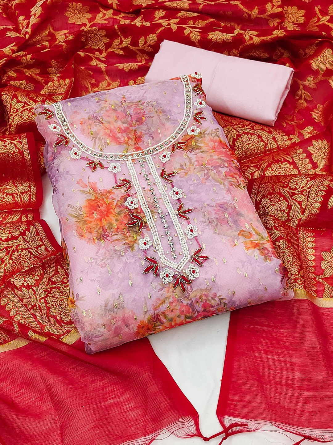 

SAINOOR Floral Printed Beads and Stones Organza Unstitched Dress Material, Purple
