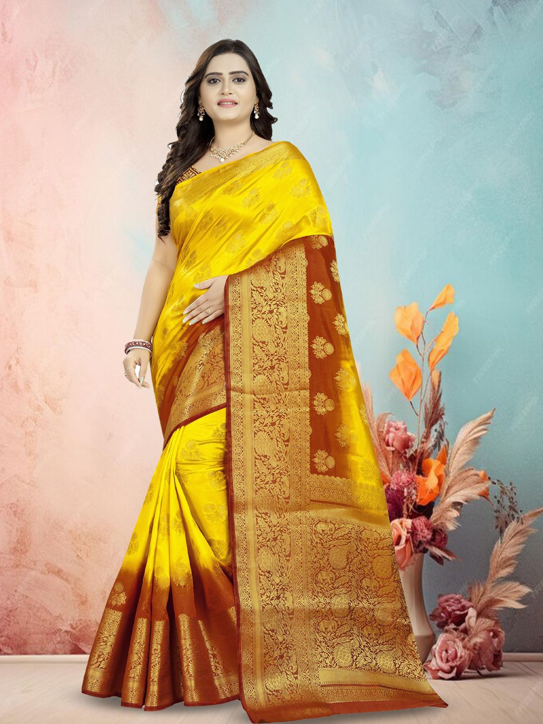 

DIVASTRI Woven Design Zari Pure Silk Banarasi Saree, Yellow