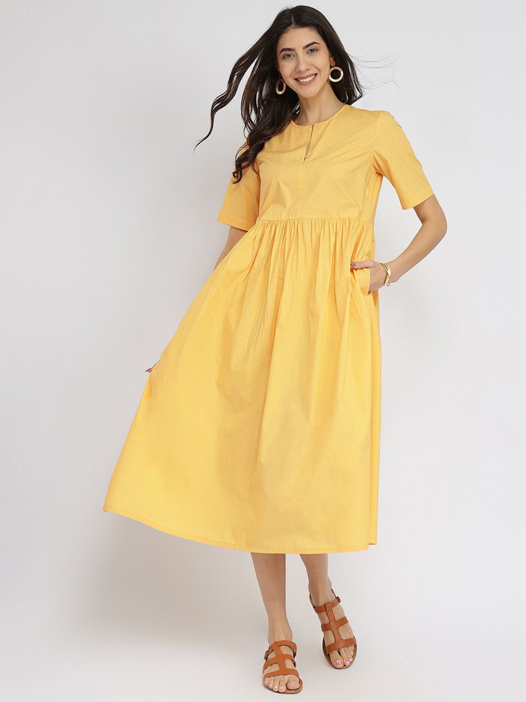 

Pink Fort Women Cotton Solid Gathered Dress - Yellow