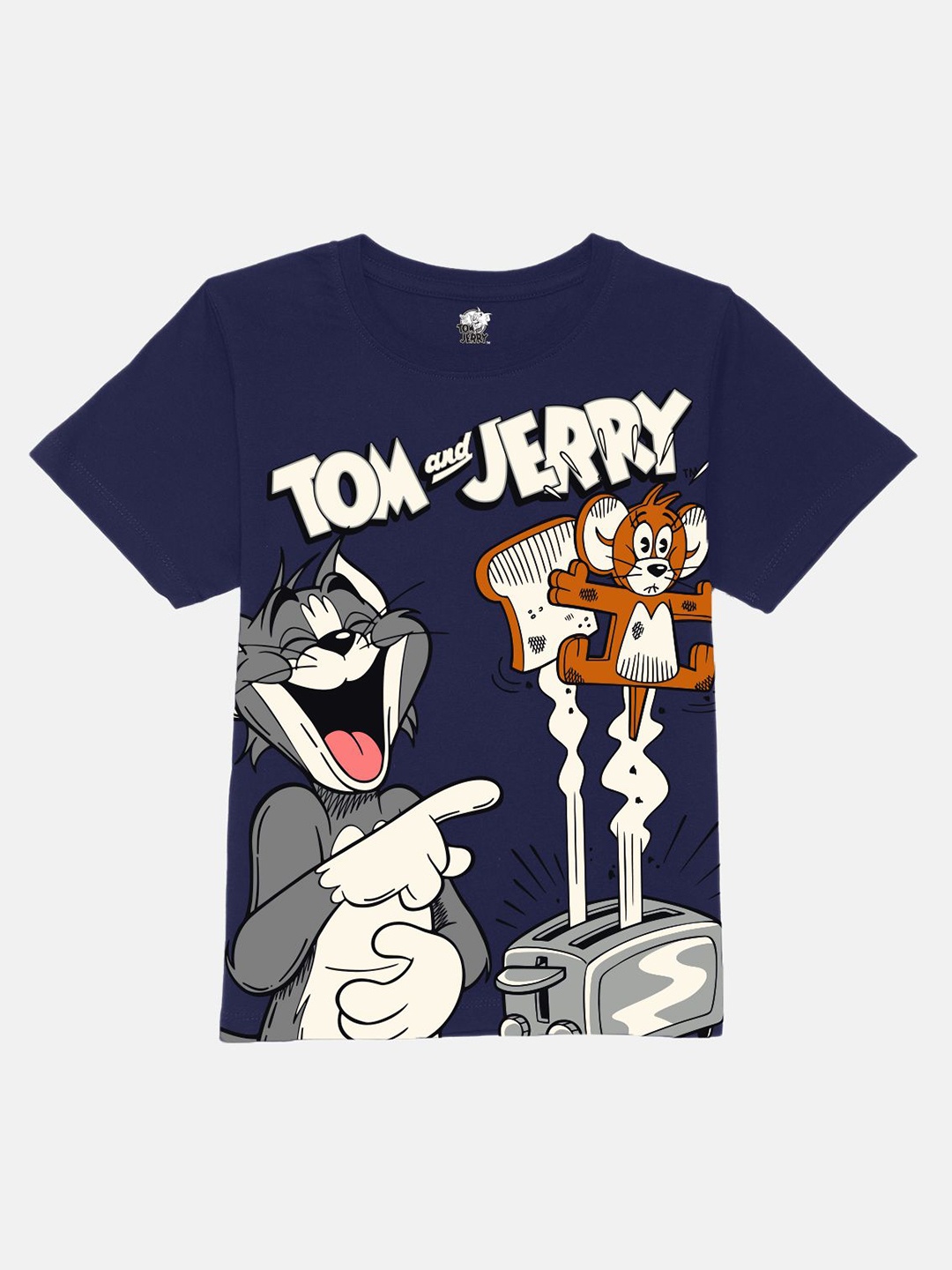 

YK Warner Bros Boys Tom & Jerry Graphic Printed Round Neck Regular Fit Cotton T-shirt, Navy blue