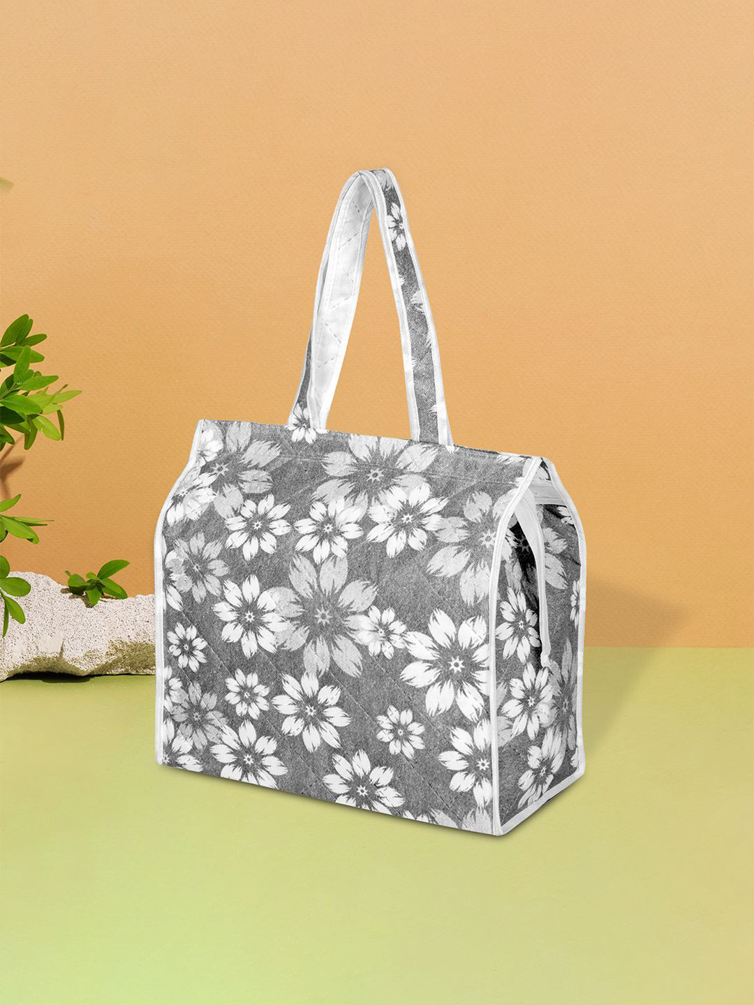 

Kuber Industries Floral Printed Shopper Tote Bag with Bow Detail, Grey