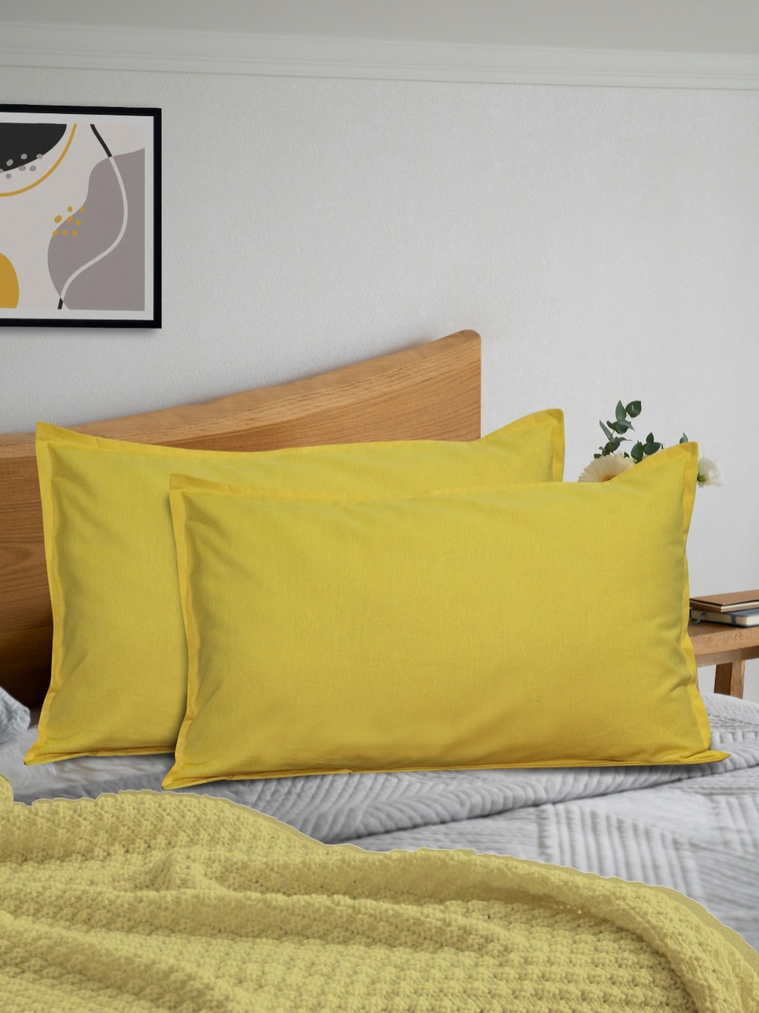 

HOME COLORS.IN Yellow 2 Pieces Pure Cotton Rectangle Pillow Covers