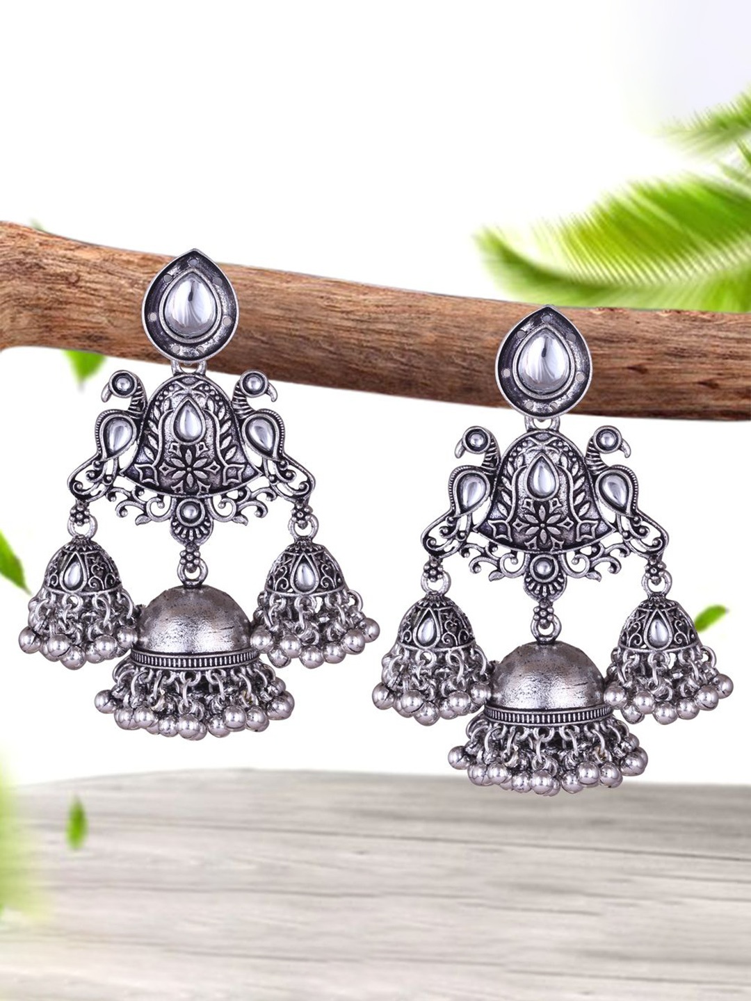 

DIVASTRI Silver-Plated Pearl Beaded Peacock Shaped Oxidised Jhumkas