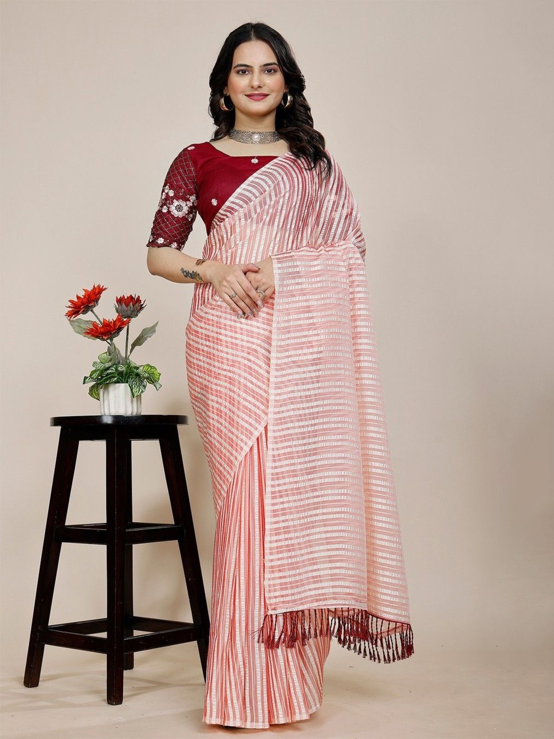 

K 5 Fashion Striped Embroidered Pure Chiffon Saree, Peach