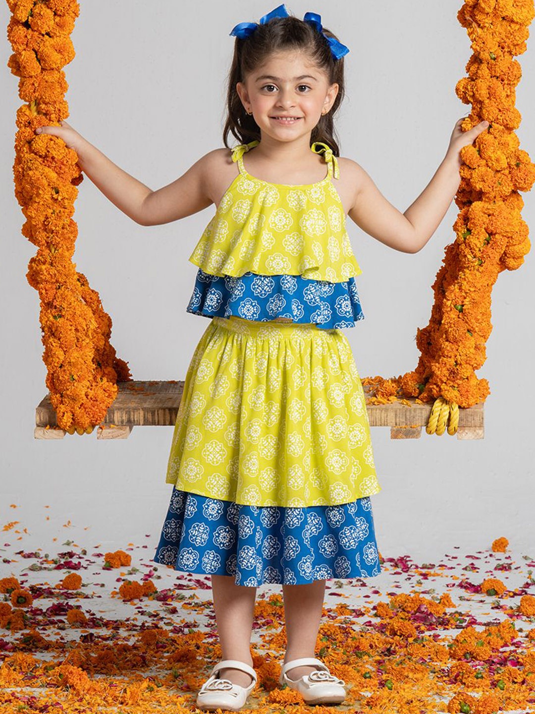 

SPUNKIES Girls Floral Printed Shoulder Straps Top With Skirt, Yellow