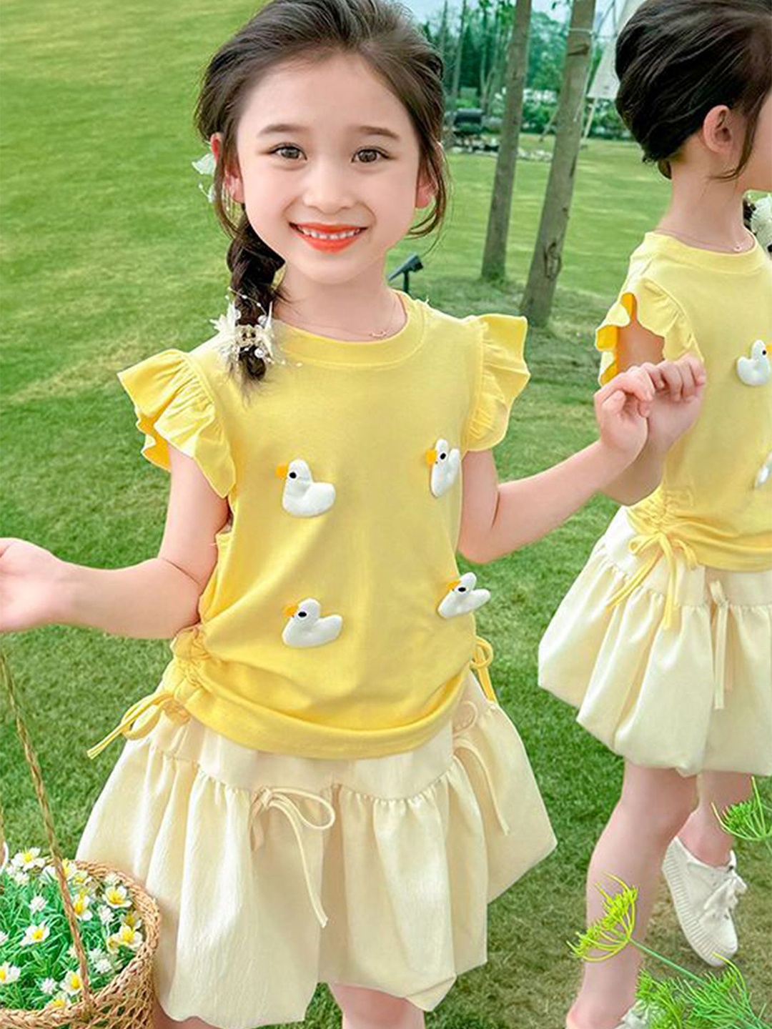 

LULU & SKY Girls Applique Detail Round Neck Top With Skirt, Yellow