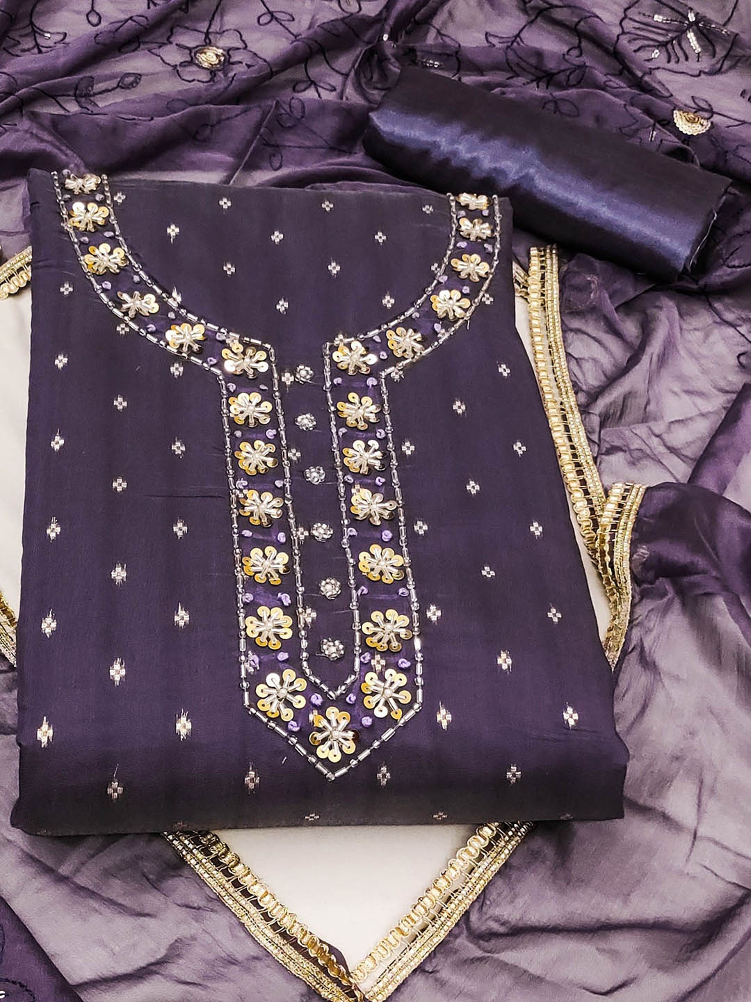 

SAINOOR Floral Embellished Semi-Stitched Dress Material, Purple
