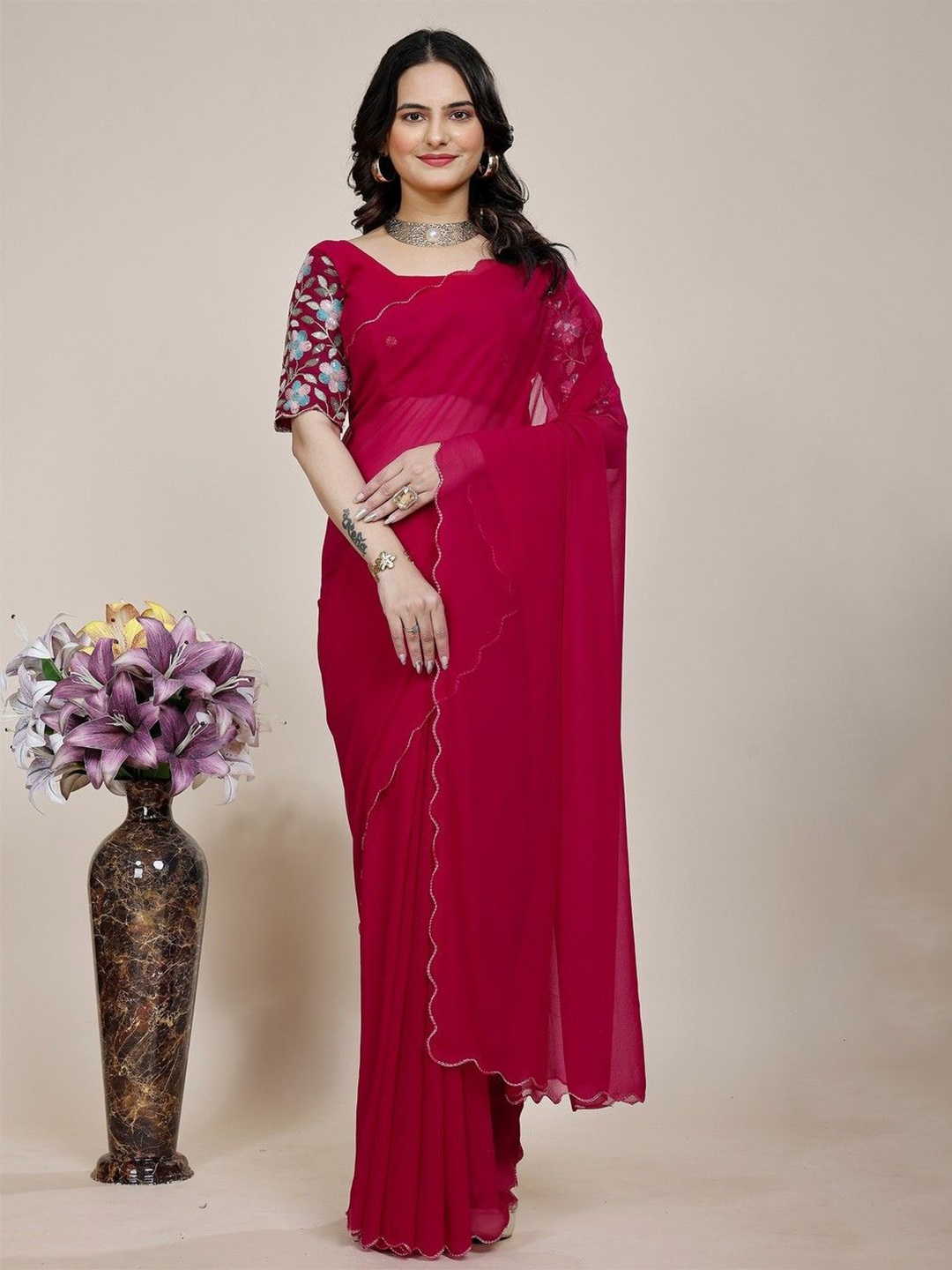 

K 5 Fashion Embroidered Pure Georgette Saree, Maroon