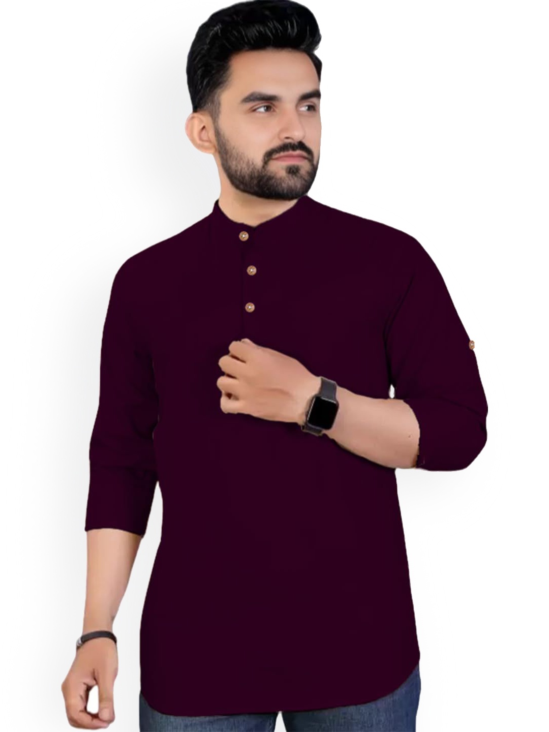 

Vida Loca Band Collar Cotton Slim Fit Straight Short Kurta, Burgundy