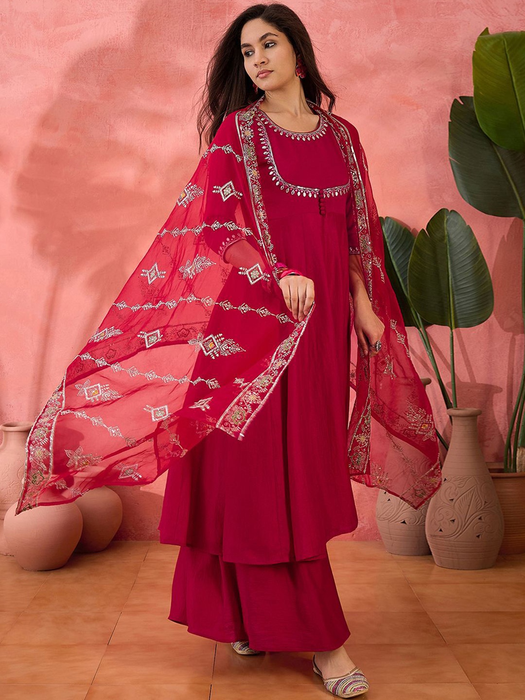 

Sangria Floral Yoke Design Empire Sequinned Anarkali Kurta With Palazzo And Dupatta, Pink
