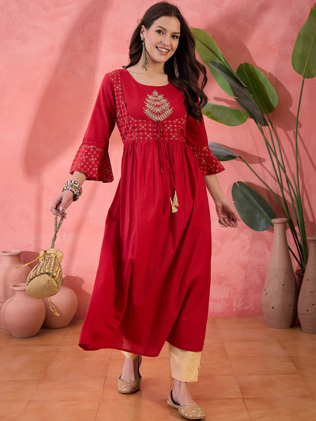 

Sangria Floral Yoke Design Bell Sleeves Thread Work Pure Cotton Anarkali Kurta, Red
