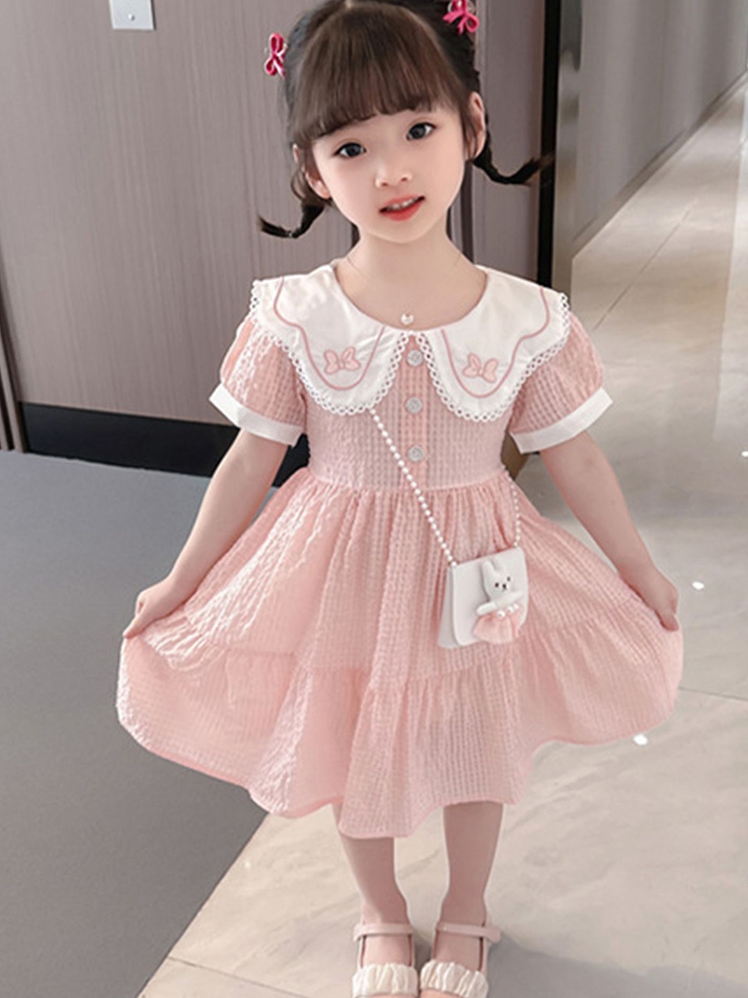 

LULU & SKY Girls Checked Peter Pan Collar Puff Sleeve Fit & Flare Dress, Pink