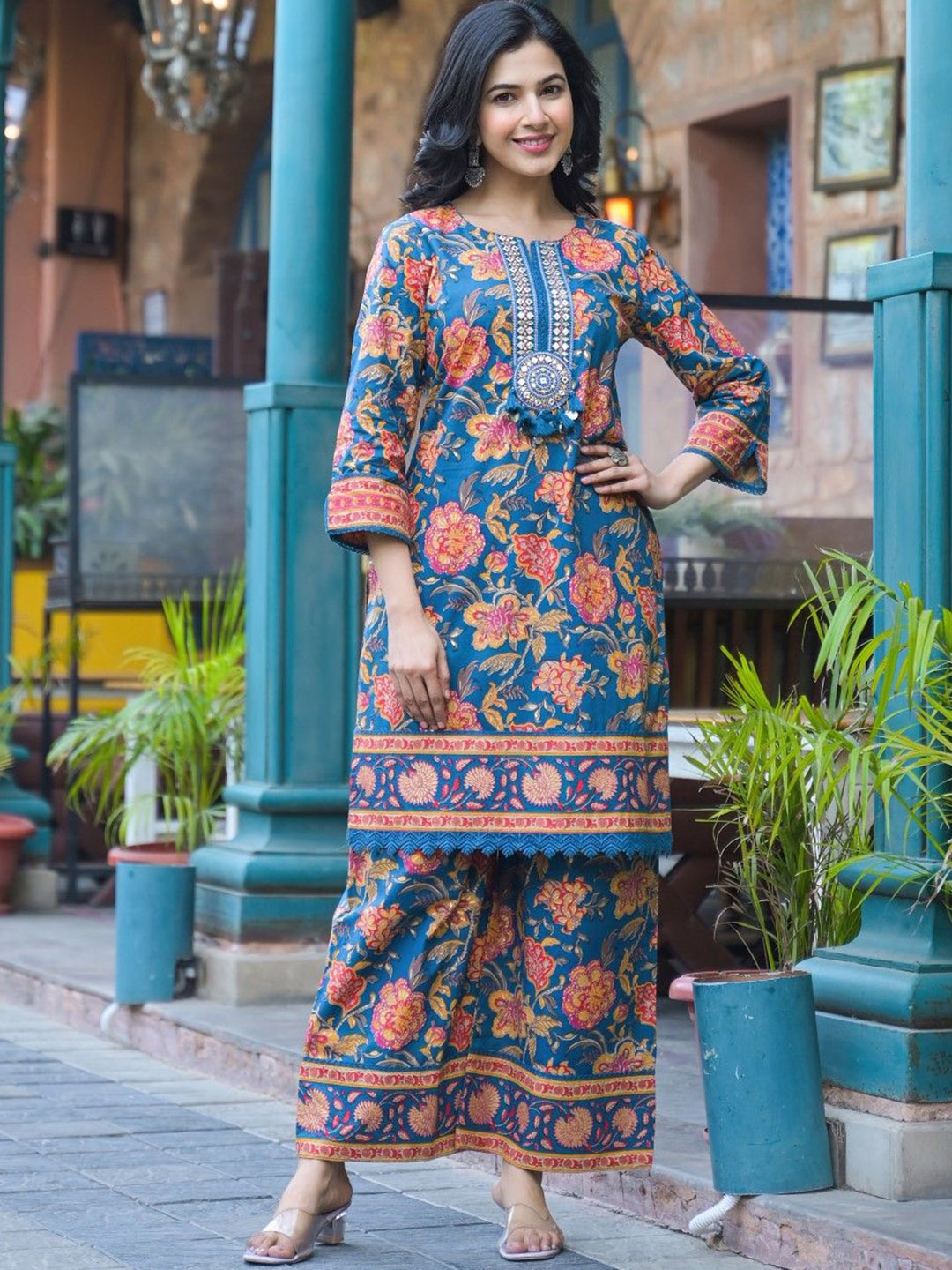 

AUTUMN LANE Floral Printed Pure Cotton Mirror Work Notch-Neck Tunic & Trouser, Blue