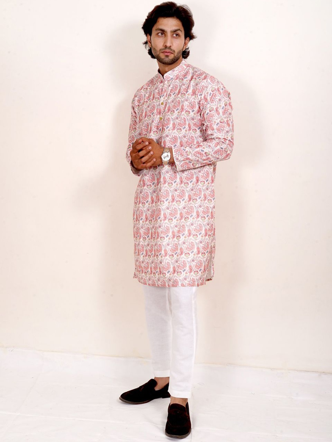 

The Kurta Studio Paisley Printed Mandarin Collar Cotton Straight Kurta, Peach