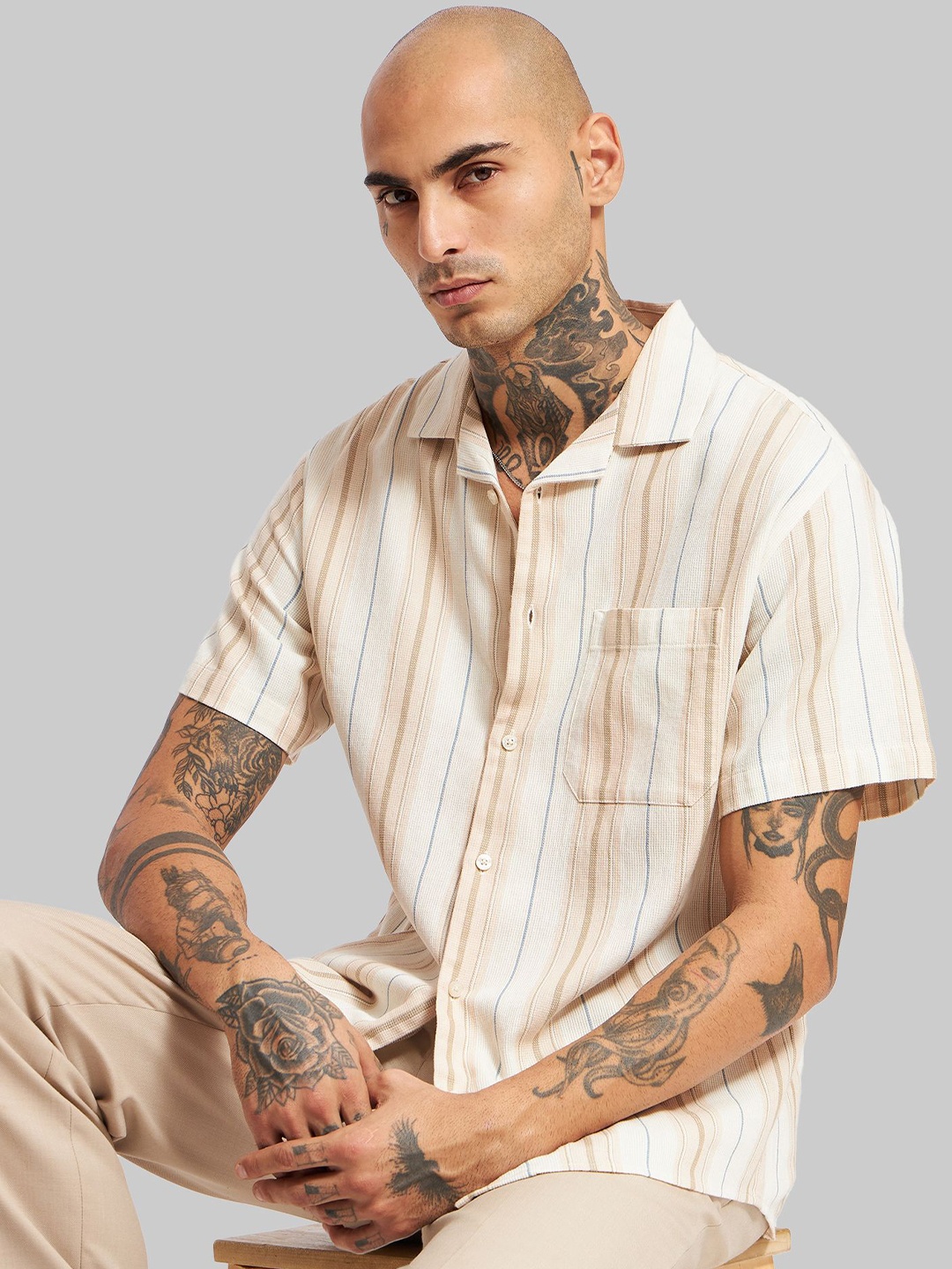 

Underrated Club Men Opaque Striped Casual Shirt, Beige