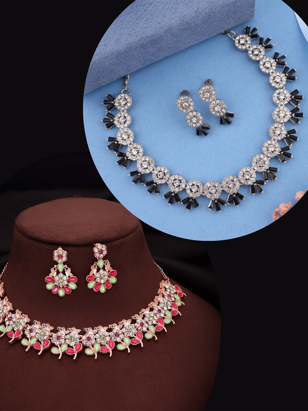 

DIVASTRI Set Of 2 Rose Gold & Silver-Plated American Diamonds Studded Jewellery Set