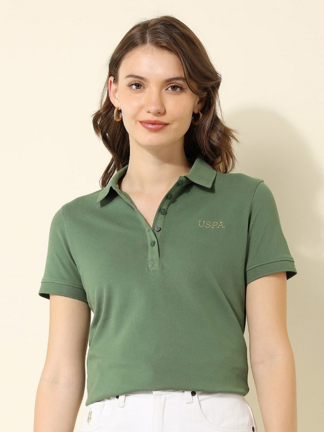 

U.S. Polo Assn. Women Solid Polo Collar Regular Fit Cotton T-shirt, Green