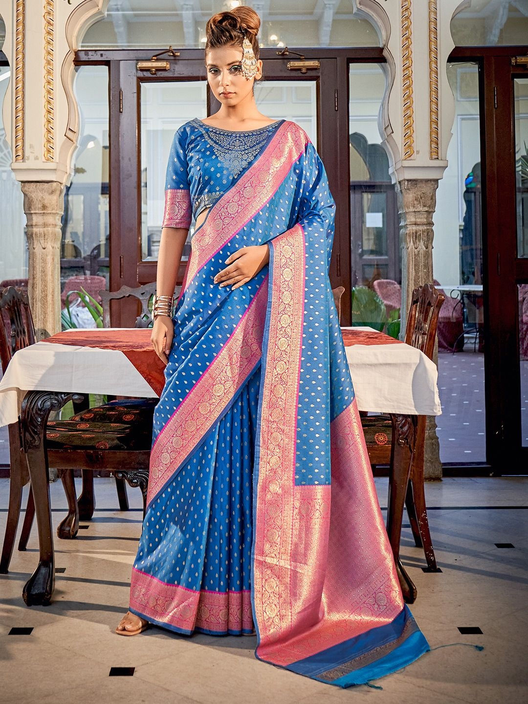 

DEVATITHI Woven Design Zari Blue Banarasi Silk Saree