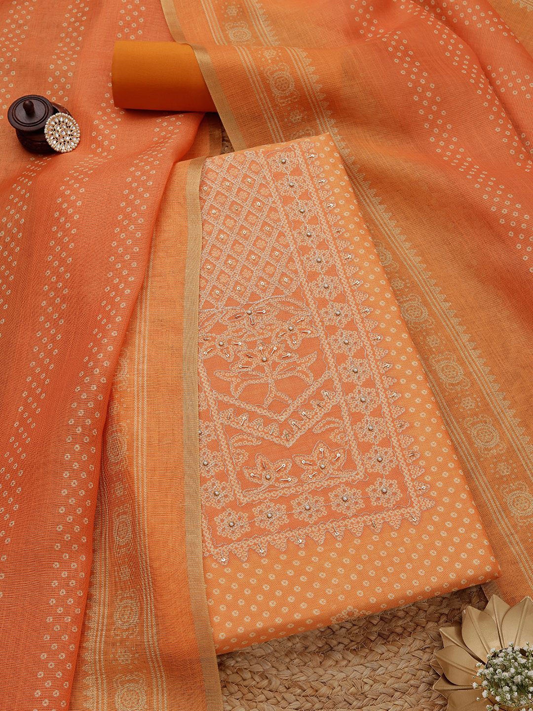 

Soch Bandhani Printed Sequinned Tissue Shimmer Unstitched Dress Material, Orange