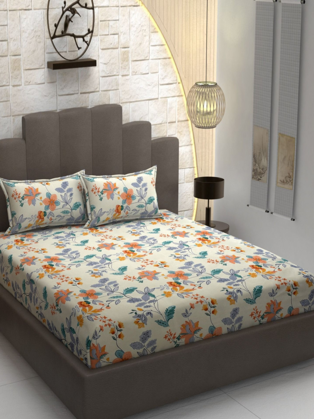 

Banchmark Home Furnishings Cream Printed Cotton 200 TC King Bedsheet Set 1.83 m x 1.98 m