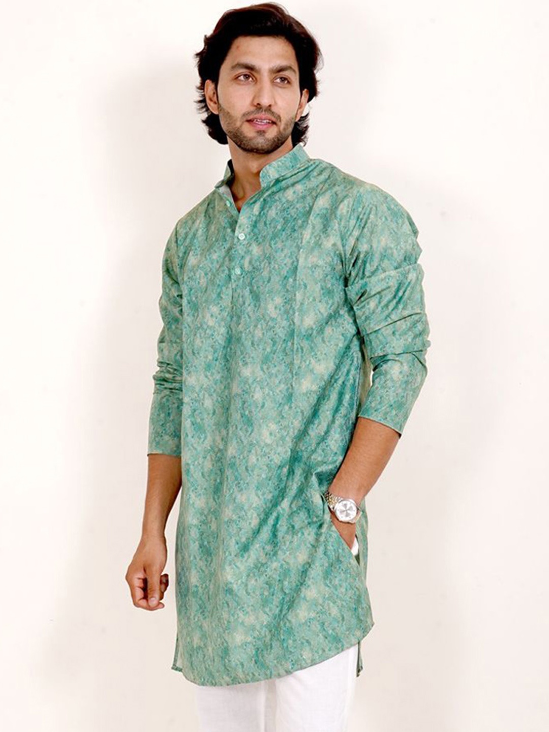 

The Kurta Studio Abstract Printed Mandarin Collar Pure Cotton Kurta, Green