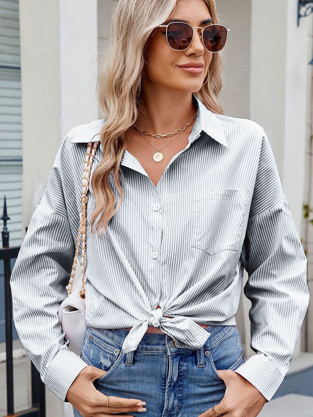 

StyleCast Women Opaque Striped Casual Shirt, Grey