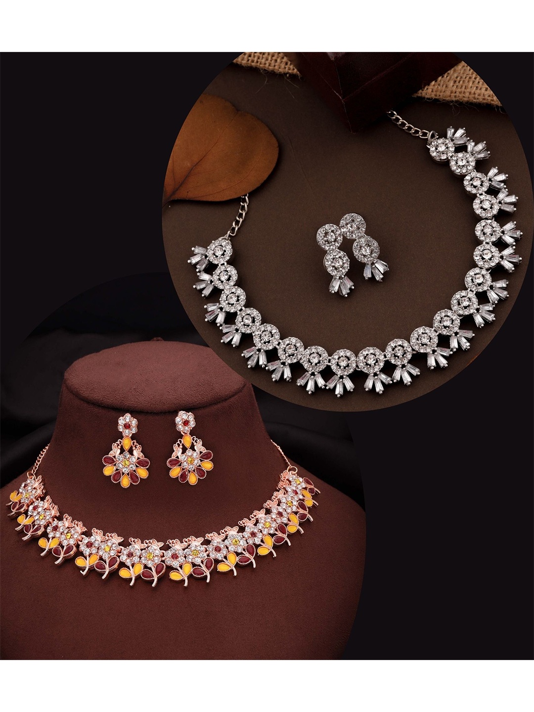 

DIVASTRI Set Of 2 Rose Gold & Silver-Plated American Diamonds Studded Jewellery Set
