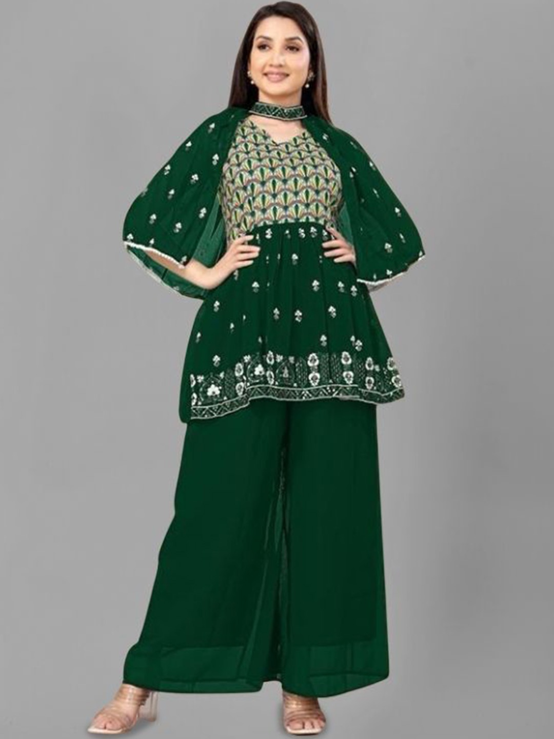 

PARROT CREATION Floral Embroidered V-Neck Georgette A-Line Kurti With Palazzo And Cape, Green