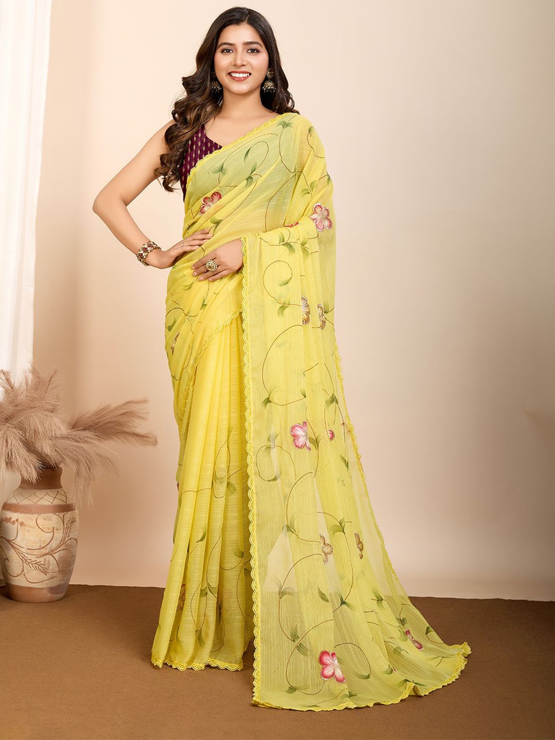 

Iris Floral Embroidered Pure Georgette Saree, Yellow