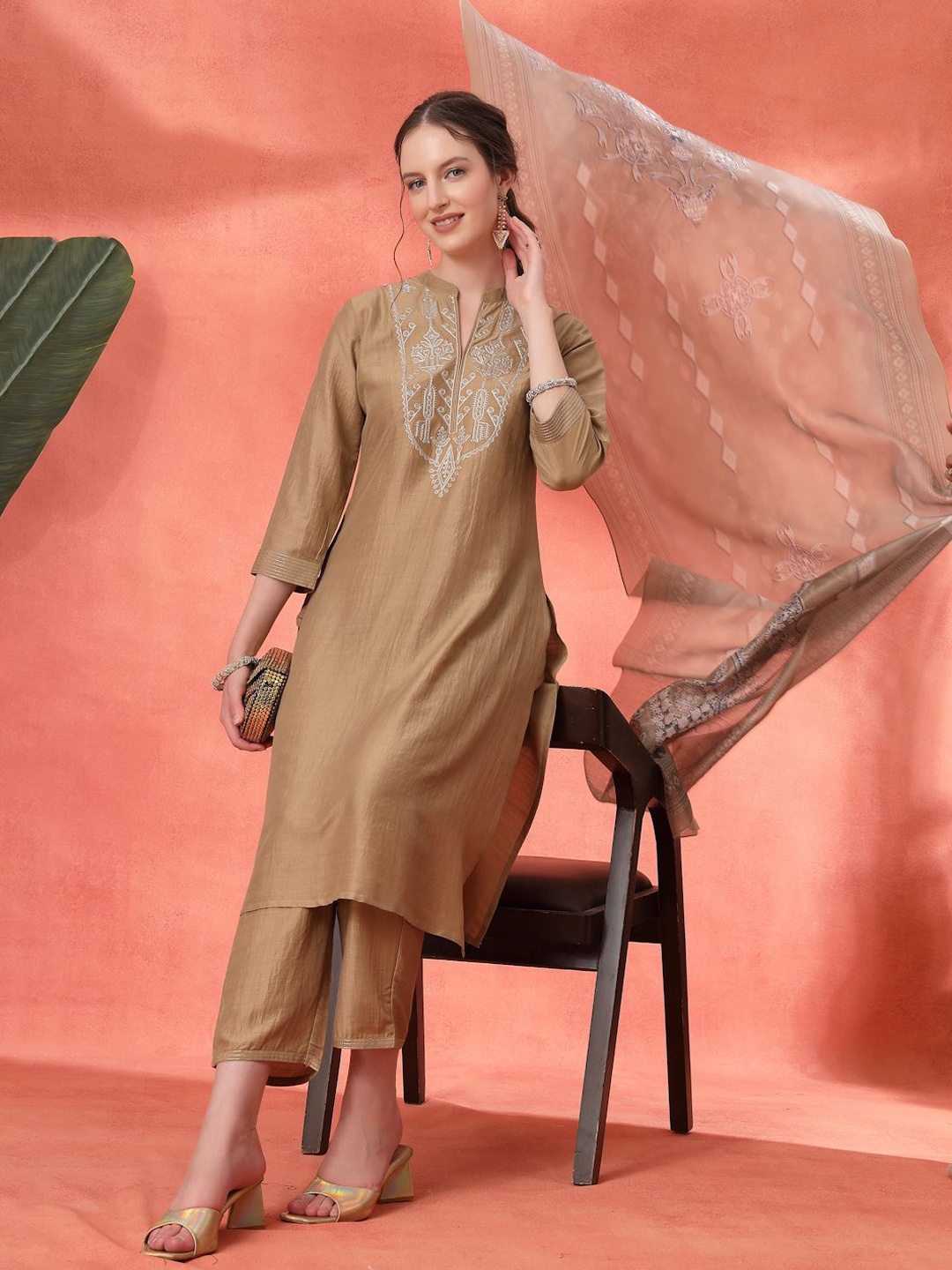 

Nayam By Lakshita Women Floral Embroidered Thread Work Kurta with Trouser & Dupatta, Beige