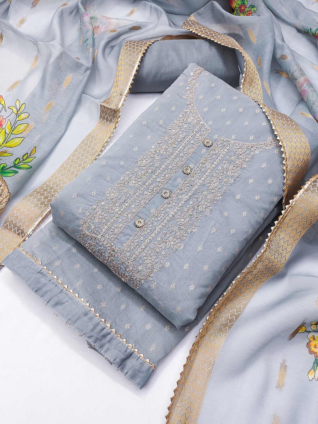 

TAVAS Ethnic Motifs Embroidered Chanderi Silk Unstitched Dress Material, Grey