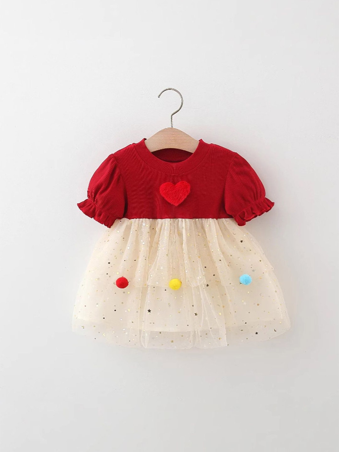 

LULU & SKY Girls Embellished Colourblocked Puff Sleeve Fit & Flare Dress, Red