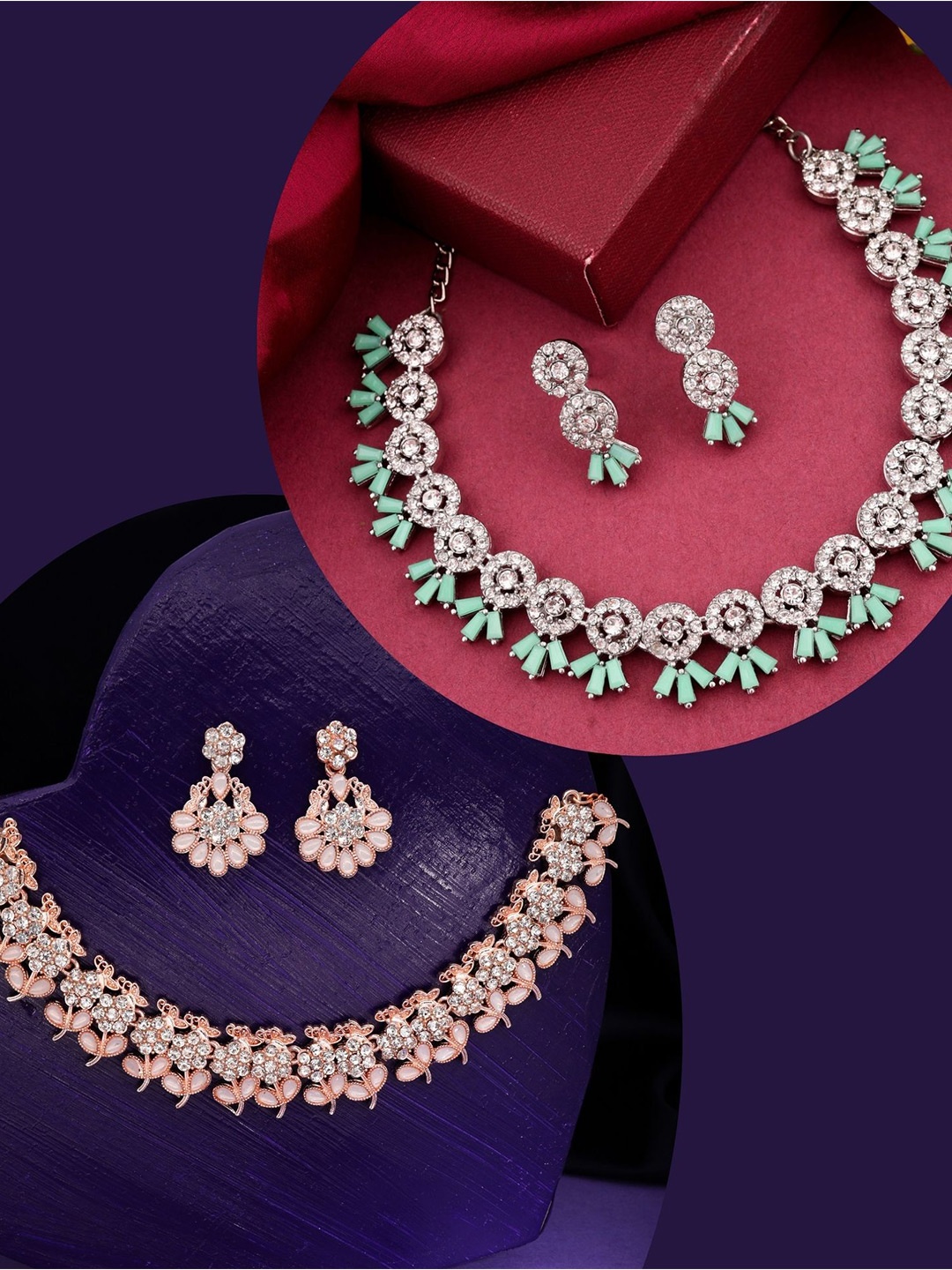 

DIVASTRI Set Of 2 Silver-Plated American Diamond Stone Studded Jewellery Set