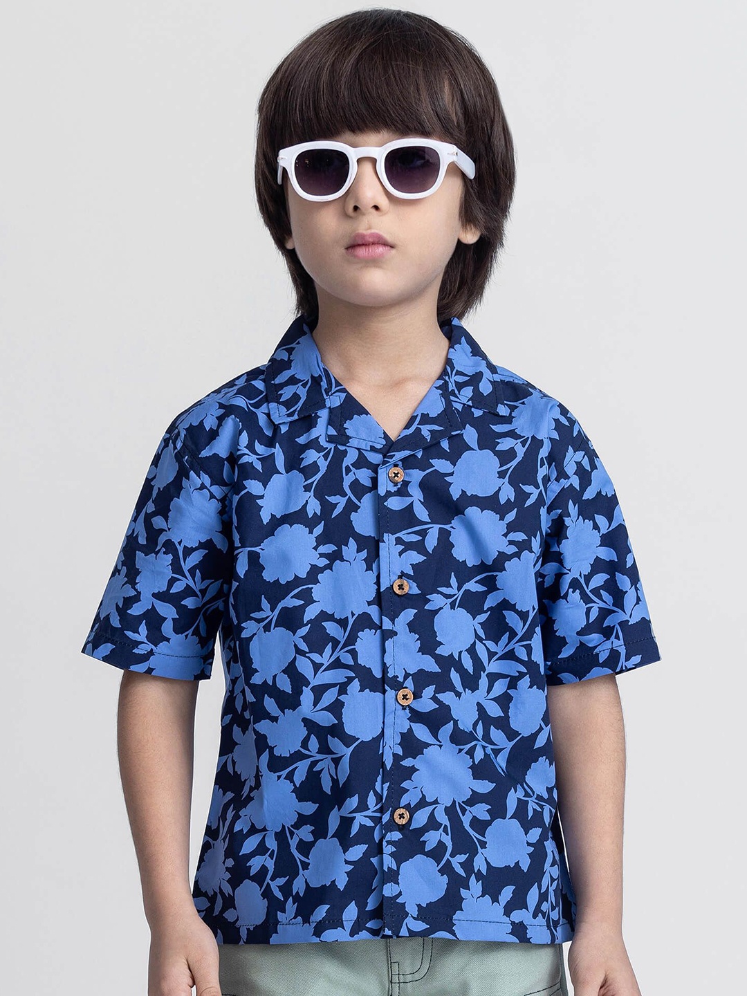 

taffykids Boys Relaxed Floral Opaque Printed Casual Shirt, Navy blue
