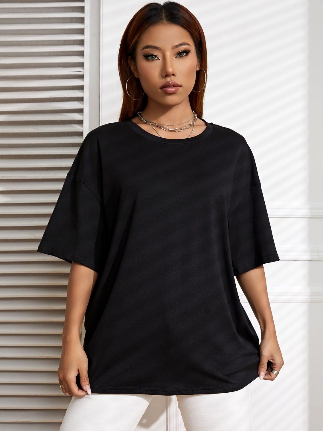 

CORSICA Women Solid Round Neck Cotton Relaxed Fit T-shirt, Black