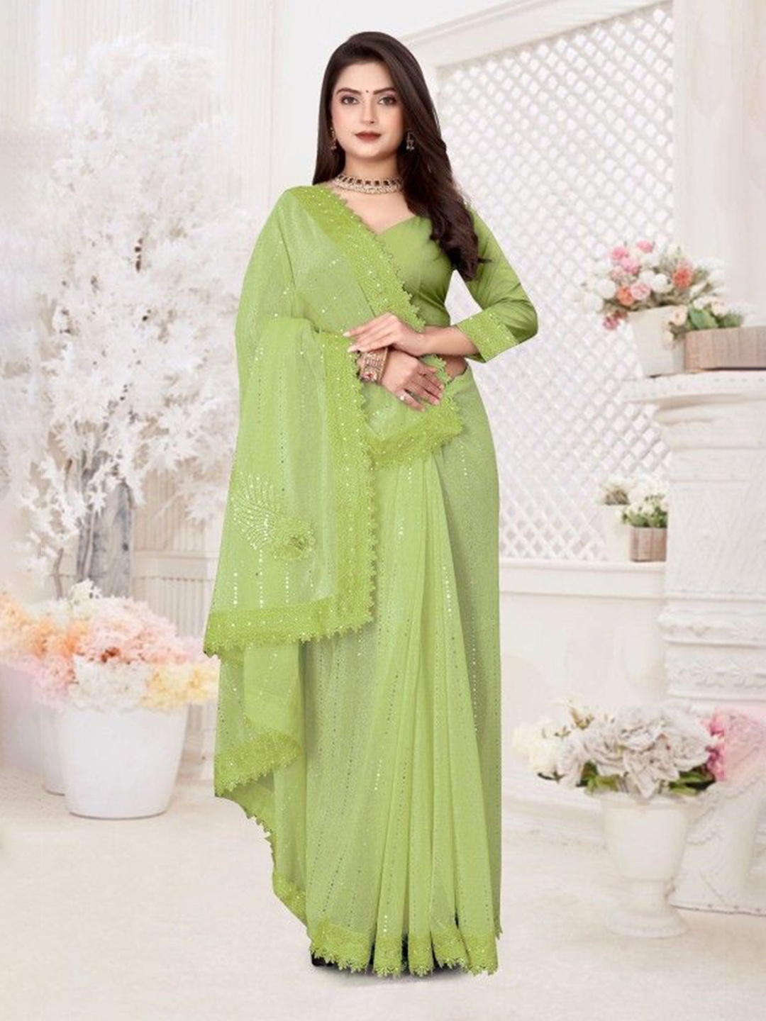 

Aika Embellished Saree With Blouse, Lime green