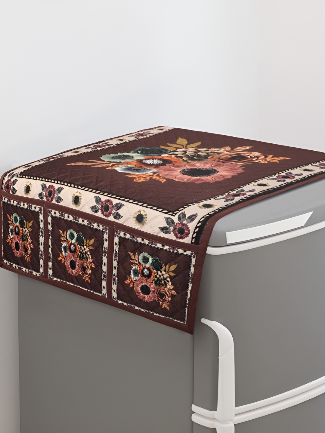 

Dakshya Industries Brown & Off White Floral Printed Refrigerator Cover