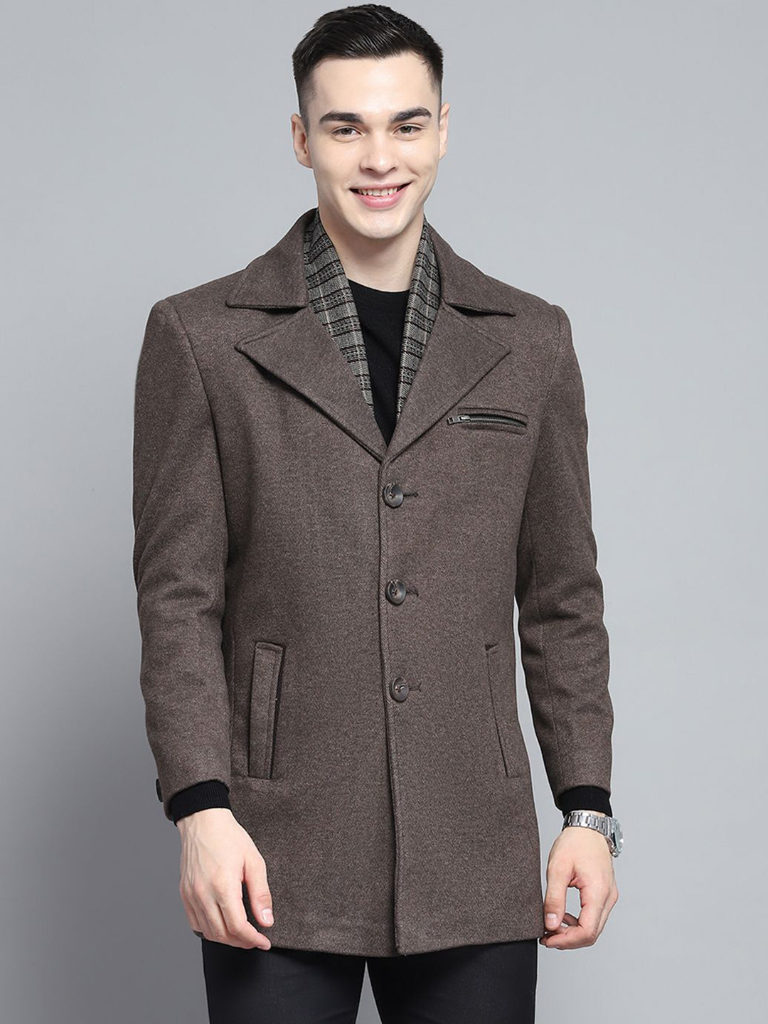

Monte Carlo Notch Lapel Collar Full Sleeved Overcoat, Brown